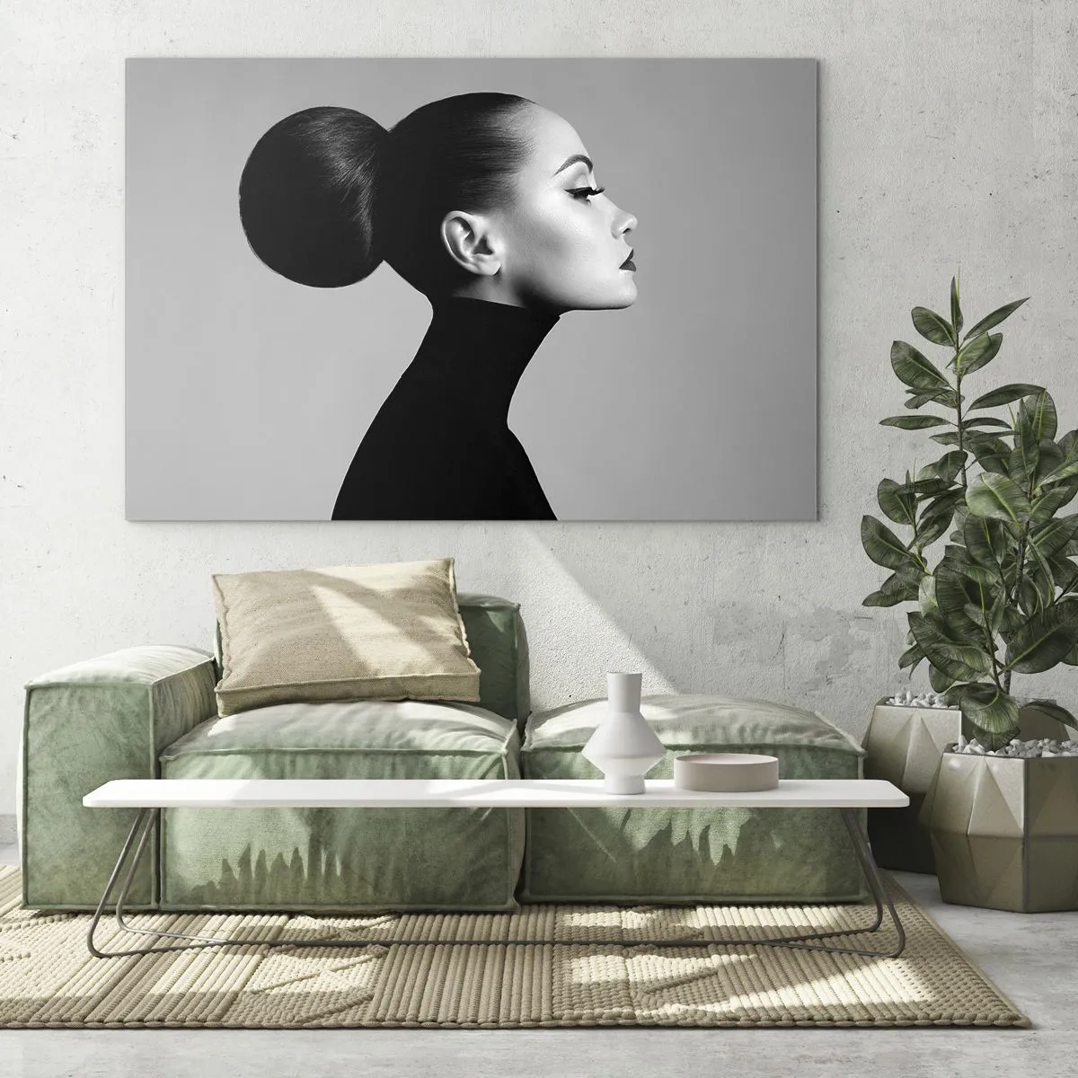 Obraz na szkle - Stylowa kobieta w czerni na tle w odcieniach szarości - 70x50cm - Współczesna Nefretete - Nowoczesna dekoracja ścienna do salonu i sypialni ARTTOR