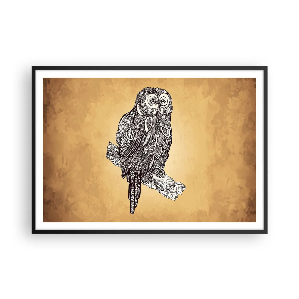 Plakat w czarnej ramie - Sowa w ornamentalnym stylu na tle w odcieniach beżu - 100x70cm - Misterne ornamenty mądrości - Nowoczesna dekoracja ścienna do salonu i sypialni ARTTOR