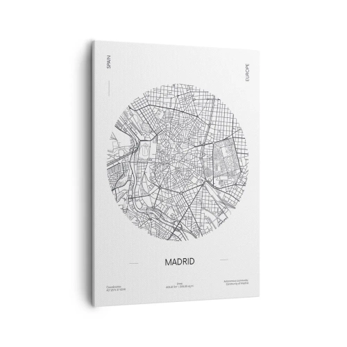 Obraz na płótnie - Minimalistyczna mapa Madrytu w czarnych liniach na białym tle - 50x70cm - Anatomia Madrytu - Nowoczesna dekoracja ścienna do salonu, kuchni i sypialni ARTTOR
