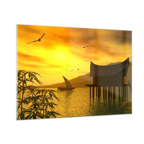 Obraz na szkle - Zachód słońca nad jeziorem z domkiem na palach - 100x70cm - Upragniony spokój - Nowoczesna dekoracja ścienna do salonu, kuchni i sypialni ARTTOR