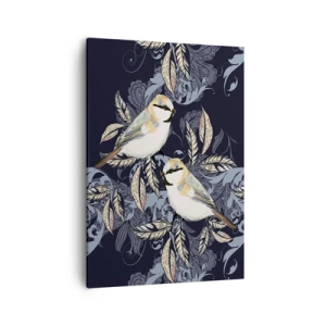 Obraz na płótnie - Dwa stylizowane ptaki wśród ozdobnych liści na ciemnym tle - 50x70cm - Żółto-błękitny trel - Nowoczesna dekoracja ścienna do salonu, kuchni i sypialni ARTTOR