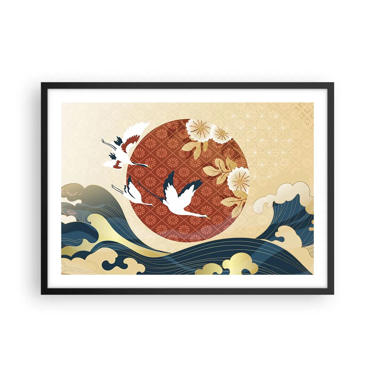 Plakat w czarnej ramie - Japońska kompozycja z żurawiami i falami - 70x50cm - Japońska baśń - Nowoczesna dekoracja ścienna do salonu i sypialni ARTTOR