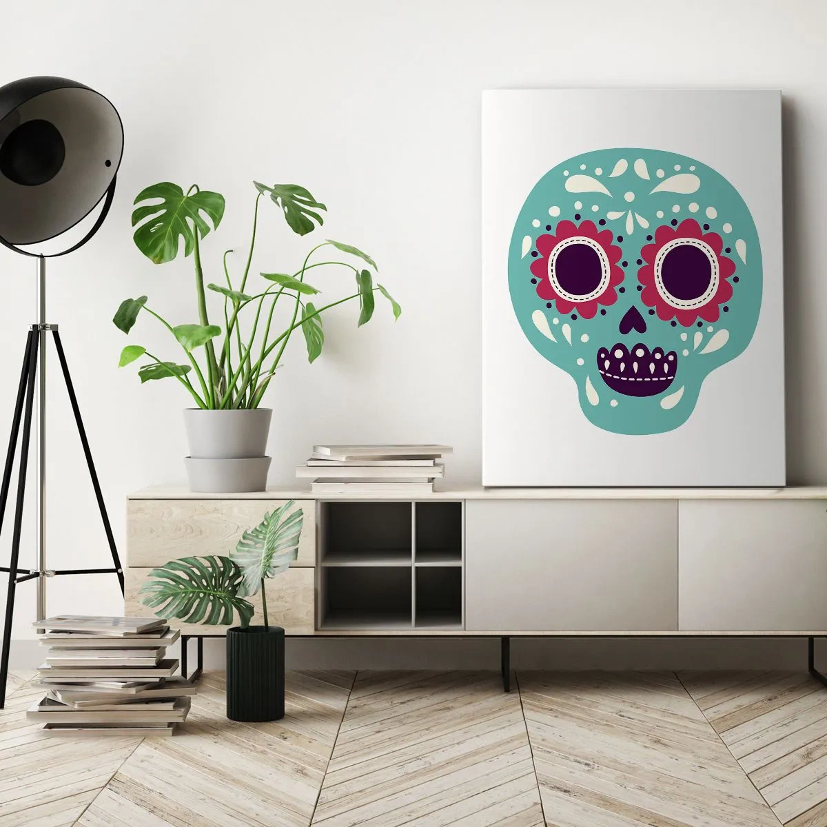 Obraz na płótnie - Kolorowa grafika przedstawiająca meksykańską czaszkę w stylu Día de los Muertos - 50x70cm - Życie – zabawa aż do śmierci - Nowoczesna dekoracja ścienna do salonu, kuchni i sypialni ARTTOR