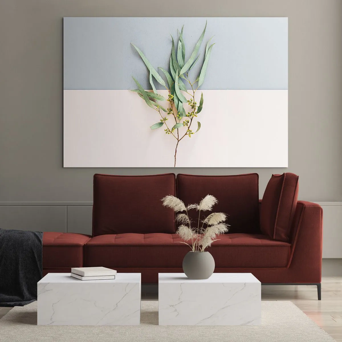 Obraz na szkle - Gałązka eukaliptusa na tle pastelowych kolorów - 70x50cm - Pastelowa subtelność - Nowoczesna dekoracja ścienna do salonu i sypialni ARTTOR
