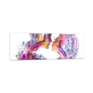 Obraz na szkle - Romantyczna akwarela przedstawiająca sylwetki zakochanych - 160x50cm - Tajemny most westchnień - Nowoczesna dekoracja ścienna do salonu i sypialni ARTTOR