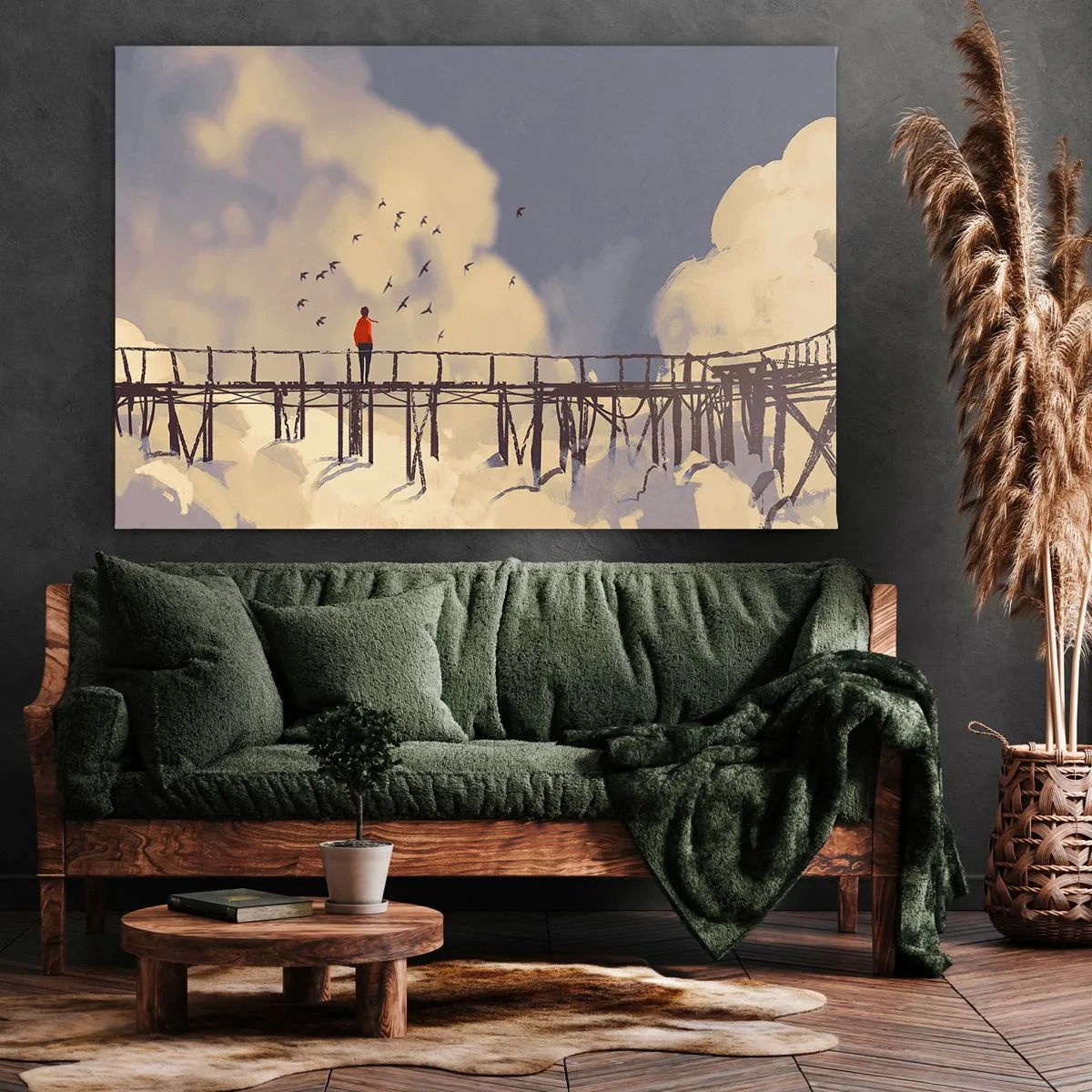 Obraz na płótnie - Postać na moście wśród chmur z ptakami na tle nieba - 70x50cm - Niebieska tęsknota - Nowoczesna dekoracja ścienna do salonu i sypialni ARTTOR