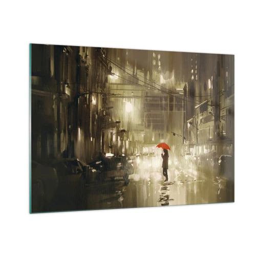 Obraz na szkle - Osoba z czerwonym parasolem w deszczowym świetle miasta nocą - 100x70cm - Sama, ale nie samotna - Nowoczesna dekoracja ścienna do salonu, kuchni i sypialni ARTTOR