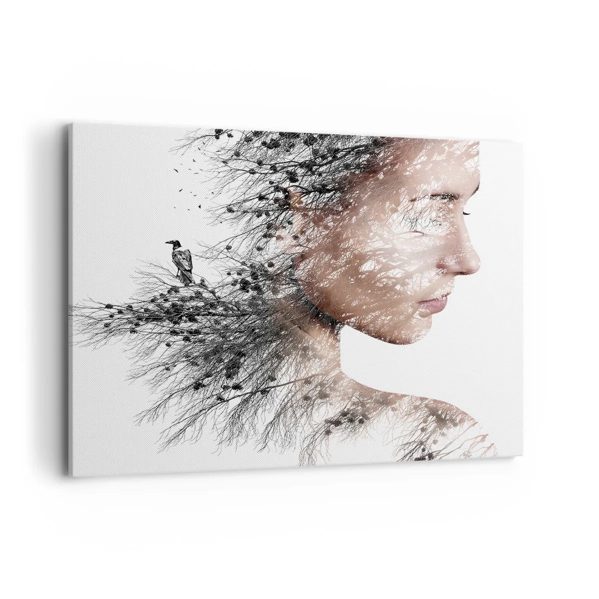 Obraz na płótnie - Sylwetka kobiety z motywem gałęzi i ptaka w tle - 100x70cm - Duch lasu - Nowoczesna dekoracja ścienna do salonu, kuchni i sypialni ARTTOR