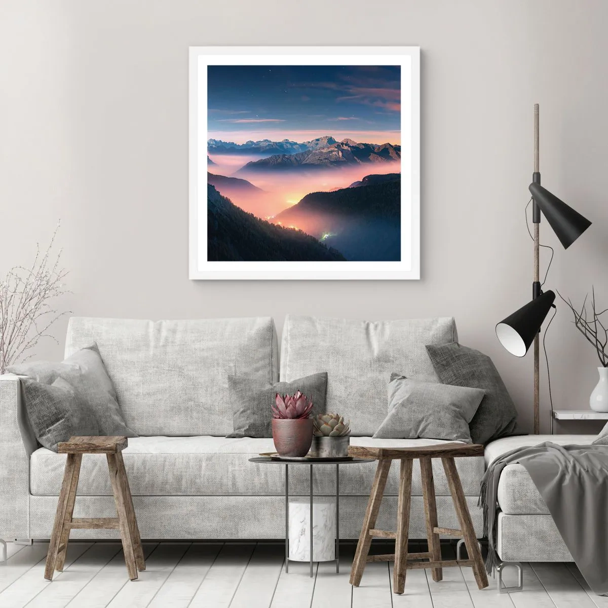 Plakat w białej ramie - Światło w dolinach - 50x50 cm