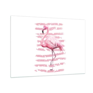 Obraz na szkle - Różowy flaming na tle artystycznych różowych pasów - 100x70cm - Z godnościa, choć na różowo - Nowoczesna dekoracja ścienna do salonu, kuchni i sypialni ARTTOR