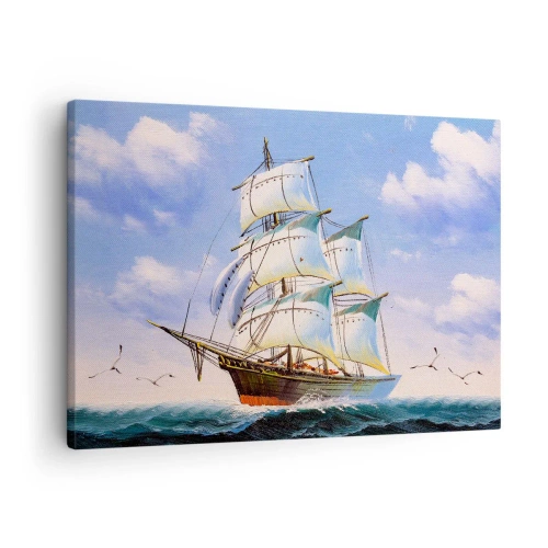 Obraz na płótnie - Żaglowiec na otwartym morzu pod błękitnym niebem - 70x50cm - Dumnie z wiatrem - Nowoczesna dekoracja ścienna do salonu i sypialni ARTTOR