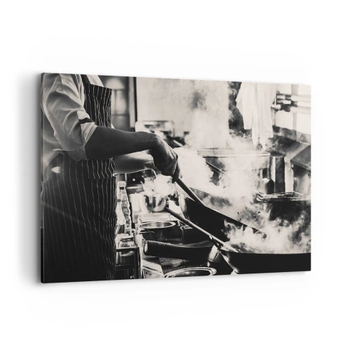 Obraz na płótnie - Kucharz przy pracy w kuchni z parą unoszącą się z patelni - 120x80cm - Alchemia smaków - Nowoczesna dekoracja ścienna do salonu, kuchni i sypialni ARTTOR