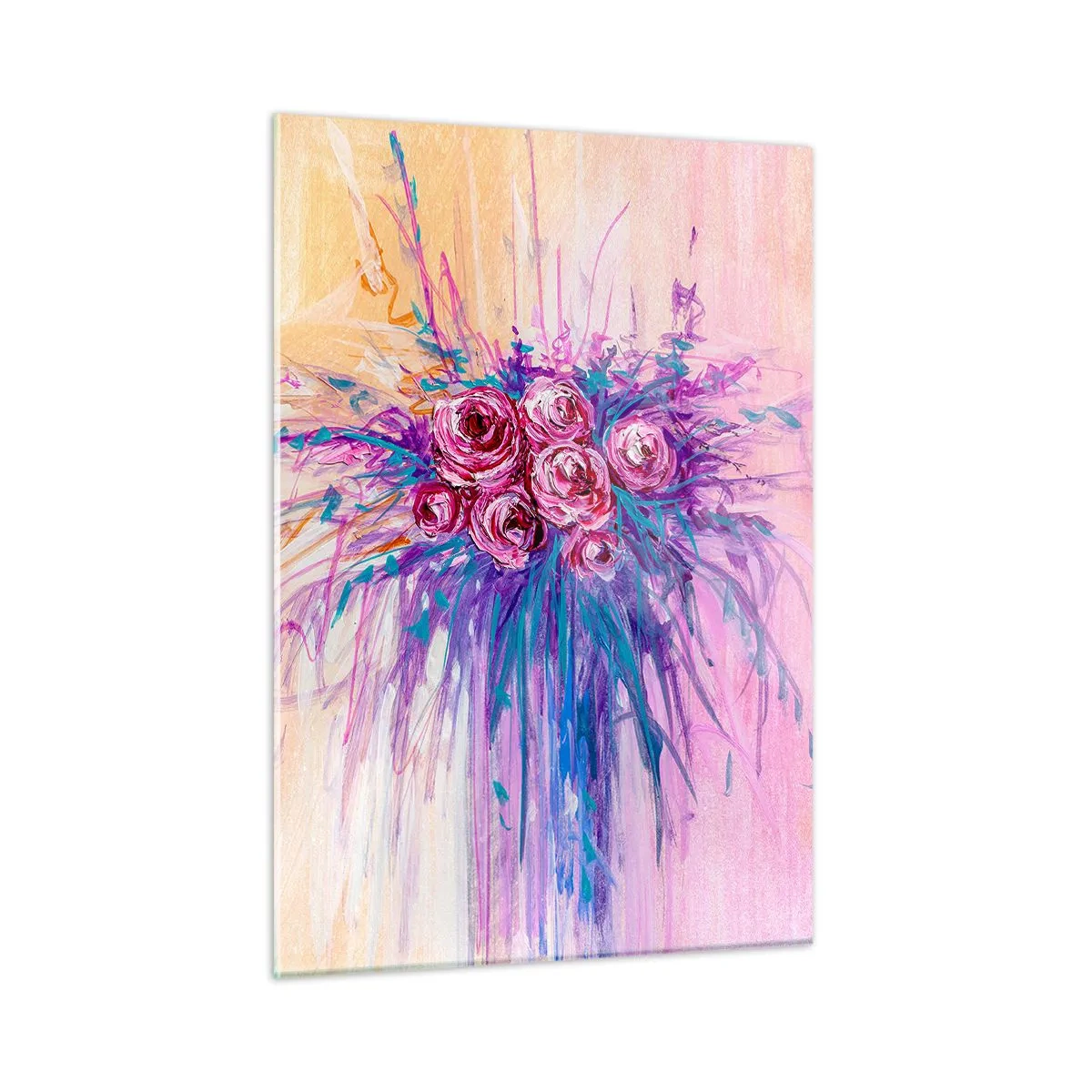 Obraz na szkle - Bukiet róż w odcieniach różu i fioletu na tle w pastelowych kolorach - 50x70cm - Różana fontanna - Nowoczesna dekoracja ścienna do salonu, kuchni i sypialni ARTTOR