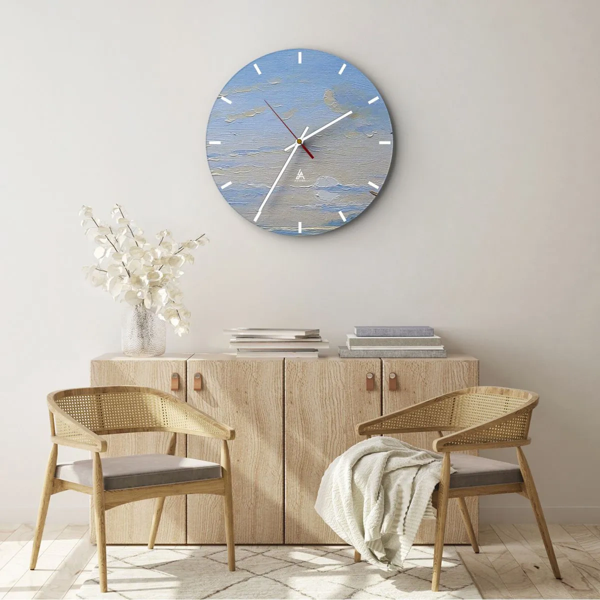 Zegar ścienny - Żaglowiec przy brzegu z ludźmi na tle nieba i morza - 30x30cm - Woda, ziemia, powietrze - Nowoczesna dekoracja ścienna do salonu, kuchni i sypialni ARTTOR