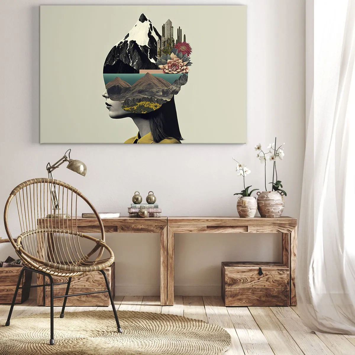 Obraz na płótnie - Kolaż kobiety z krajobrazem górskim i kwiatami - 70x50cm - Kobieta – zawsze tajemnica - Nowoczesna dekoracja ścienna do salonu i sypialni ARTTOR