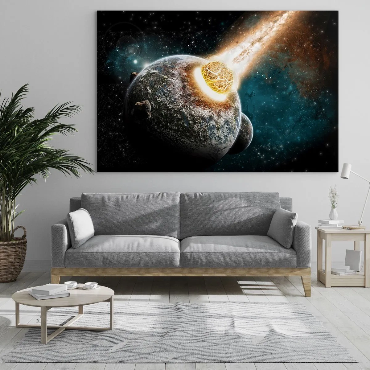 Obraz na szkle - Planeta zderzająca się z meteorytem - 120x80cm - Zagłada czy narodziny? - Nowoczesna dekoracja ścienna do salonu, kuchni i sypialni ARTTOR