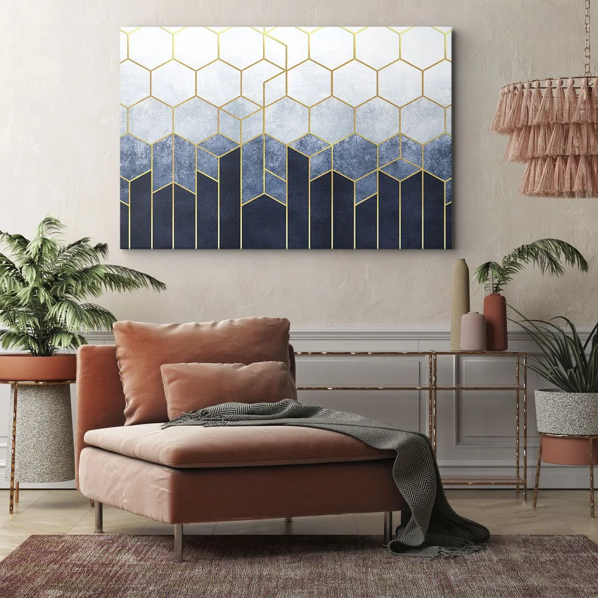 Obraz na płótnie - Geometryczny wzór w odcieniach złota i granatu - 70x50cm - Kompozycja w synkopowym rytmie - Nowoczesna dekoracja ścienna do salonu i sypialni ARTTOR