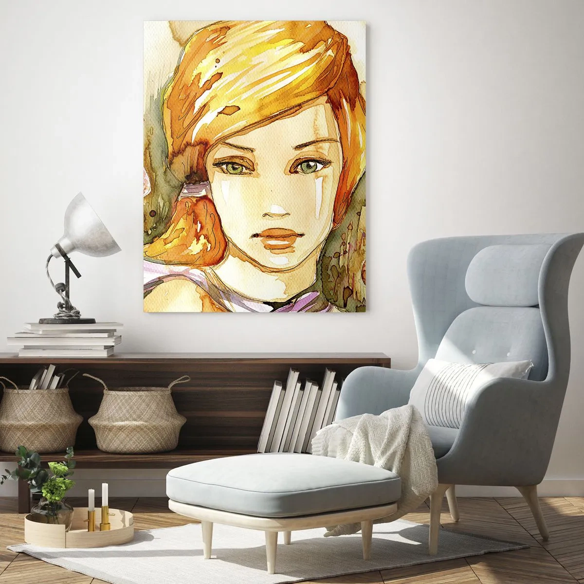 Obraz na szkle - Portret kobiety w stylu akwarelowym z abstrakcją - 50x70cm - Szmaragdowe spojrzenie, co ucisza gniew - Nowoczesna dekoracja ścienna do salonu, kuchni i sypialni ARTTOR