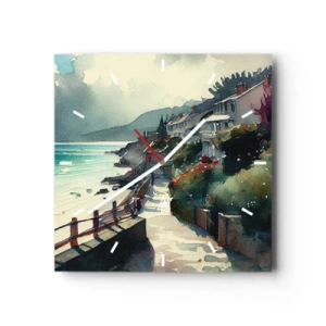 Zegar ścienny - Nadmorska promenada z domami i roślinnością - 30x30cm - Śródziemnomorskie miasteczko - Nowoczesna dekoracja ścienna do salonu i sypialni ARTTOR