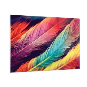 Obraz na szkle - Kolorowe pióra w intensywnych odcieniach tęczy - 100x70cm - Pierzasta tęcza - Nowoczesna dekoracja ścienna do salonu, kuchni i sypialni ARTTOR