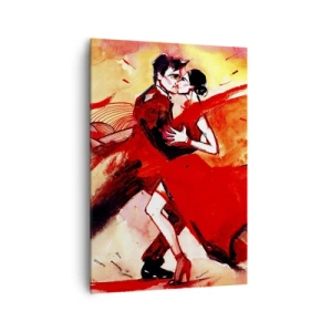Obraz na płótnie - Para tańcząca tango w czerwonych tonacjach na dynamicznym tle - 70x100cm - Purpurowy rytm namiętności - Nowoczesna dekoracja ścienna do salonu i sypialni ARTTOR