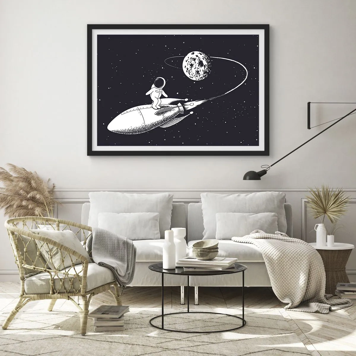 Plakat w czarnej ramie - Astronauta na rakiecie w przestrzeni kosmicznej - 70x50cm - Kosmiczny surfer - Nowoczesna dekoracja ścienna do salonu i sypialni ARTTOR