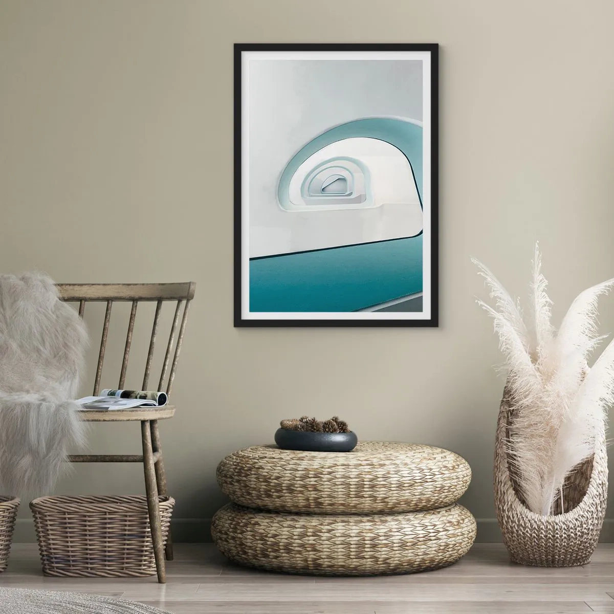 Plakat w czarnej ramie - Nowoczesne zakrzywione linie i struktury architektoniczne w jasnych barwach - 50x70cm - Do dna błękitu - Nowoczesna dekoracja ścienna do salonu i sypialni ARTTOR