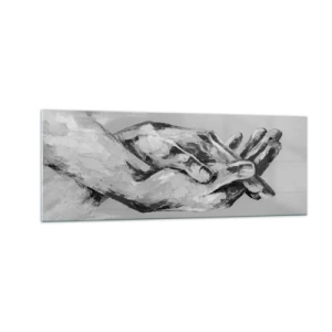 Obraz na szkle - Czarno-biała kompozycja dwóch splecionych dłoni na jasnym tle - 140x50cm - Początek… - Nowoczesna dekoracja ścienna do salonu i sypialni ARTTOR