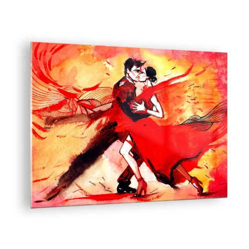 Obraz na szkle - Taniec pary w dynamicznej czerwonej kompozycji - 70x50cm - Purpurowy rytm namiętności - Nowoczesna dekoracja ścienna do salonu i sypialni ARTTOR