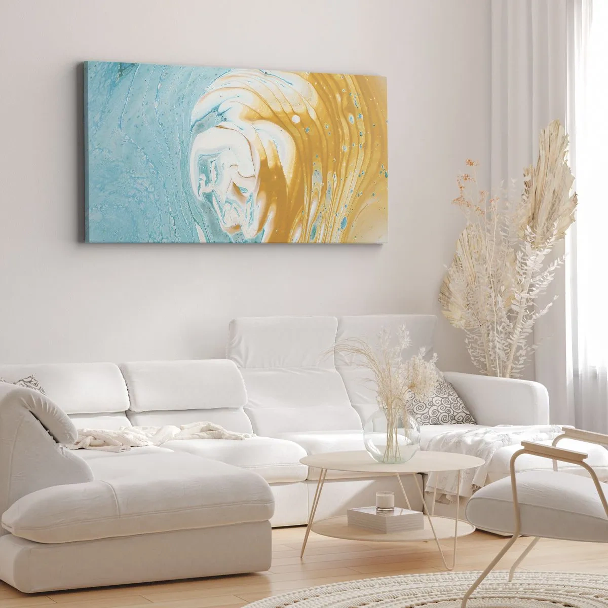 Obraz na płótnie - Abstrakcyjne fale w odcieniach niebieskiego i złotego na płótnie - 160x50cm - Pastelowy wir - Nowoczesna dekoracja ścienna do salonu i sypialni ARTTOR