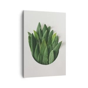 Obraz na płótnie - Kompozycja zielonych liści w okrągłej ramie na jasnym tle - 50x70cm - Nieposkromiona ciekawość - Nowoczesna dekoracja ścienna do salonu, kuchni i sypialni ARTTOR