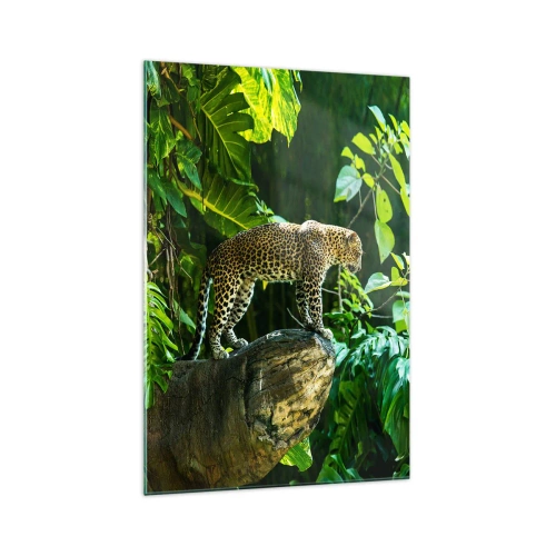 Obraz na szkle - Lampart stojący na skale otoczony tropikalną roślinnością - 70x100cm - Na łowy? - Nowoczesna dekoracja ścienna do salonu i sypialni ARTTOR