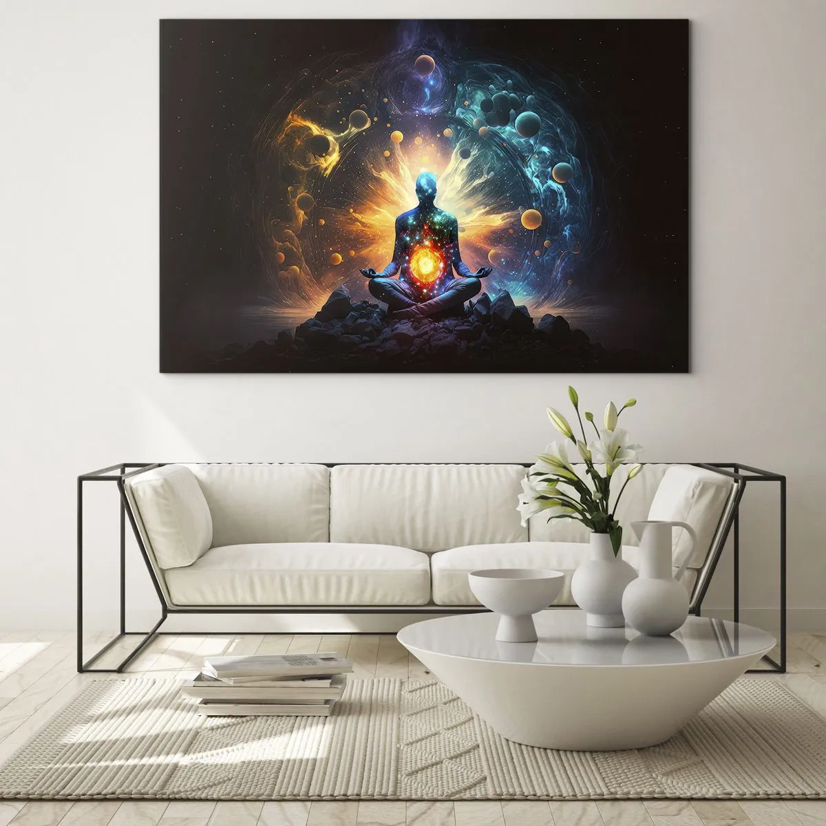 Obraz na szkle - Medytująca sylwetka w kosmicznej eksplozji kolorów - 70x50cm - Kosmiczny spokój - Nowoczesna dekoracja ścienna do salonu i sypialni ARTTOR