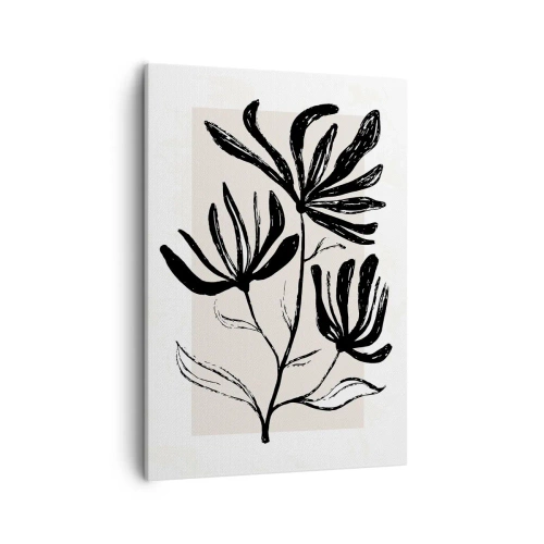 Obraz na płótnie - Czarno-biały rysunek trzech kwiatów w minimalistycznym stylu - 50x70cm - Szkic do zielnika - Nowoczesna dekoracja ścienna do salonu, kuchni i sypialni ARTTOR