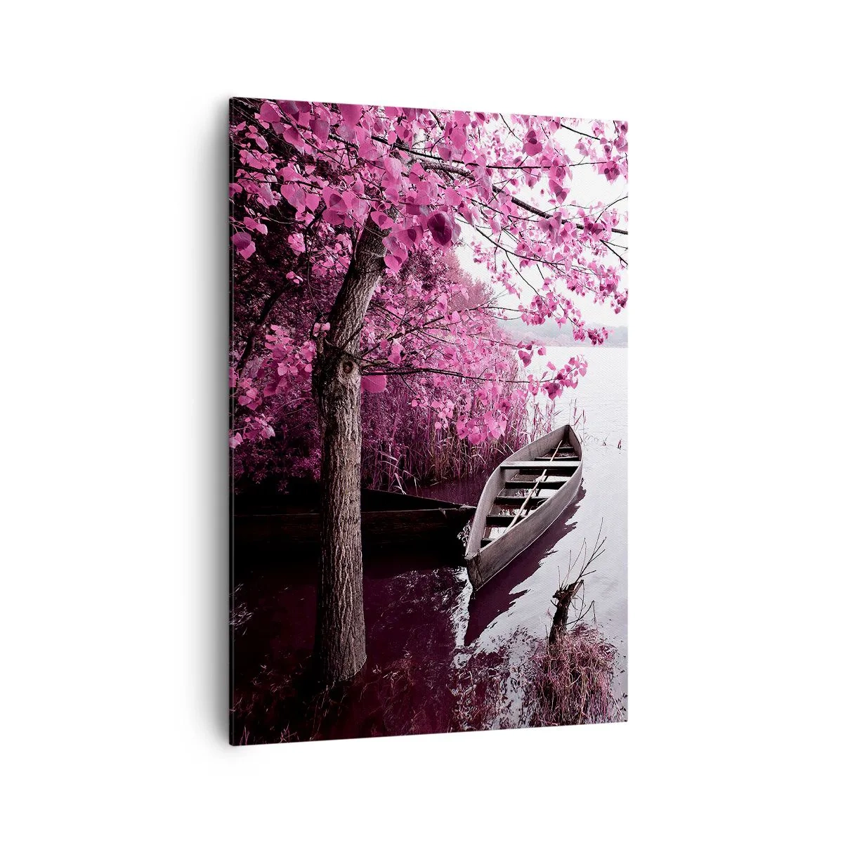 Obraz na płótnie - Łódka przy brzegu jeziora wśród różowych drzew - 70x100cm - W różowej ciszy - Nowoczesna dekoracja ścienna do salonu i sypialni ARTTOR