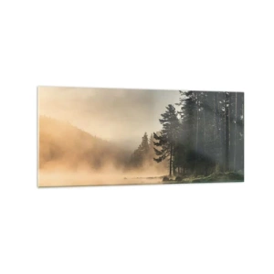 Obraz na szkle - Mglisty las nad spokojnym jeziorem - 120x50cm - Narodziny dnia - Nowoczesna dekoracja ścienna do salonu i sypialni ARTTOR