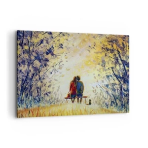 Obraz na płótnie - Para siedząca na ławce wśród jesiennych drzew w świetle słońca - 100x70cm - Magiczna chwila - Nowoczesna dekoracja ścienna do salonu, kuchni i sypialni ARTTOR