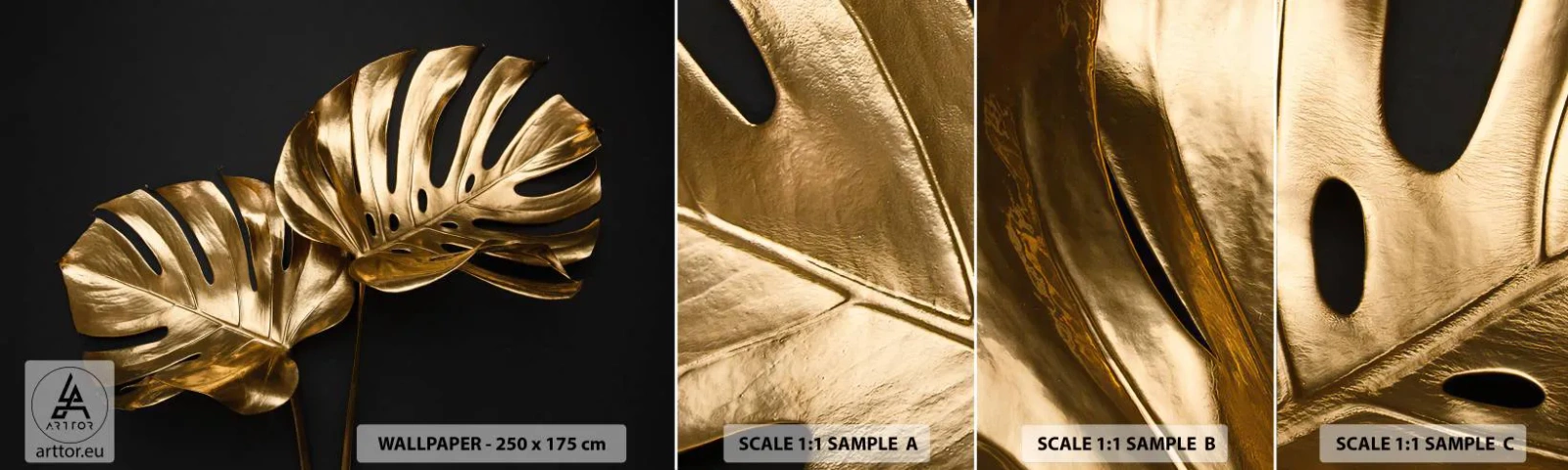 Fototapeta Próbka Standard Eco - Skarby natury - Abstrakcja, Złote Liście, Liść Monstery - 100x30 cm