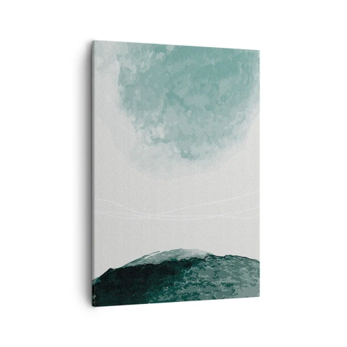 Obraz na płótnie - Abstrakcyjny pejzaż w odcieniach zieleni i bieli, inspirowany mglistym krajobrazem. - 50x70cm - Spotkanie z mgłą - Nowoczesna dekoracja ścienna do salonu, kuchni i sypialni ARTTOR