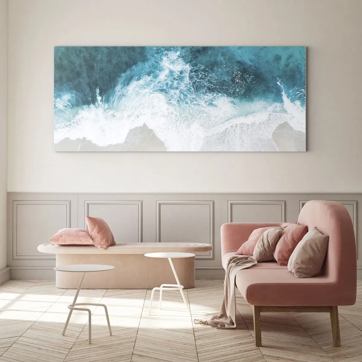 Obraz na szkle - Turkusowe fale oceanu na jasnym piasku - 120x50cm - Naturalna pieszczota - Nowoczesna dekoracja ścienna do salonu i sypialni ARTTOR