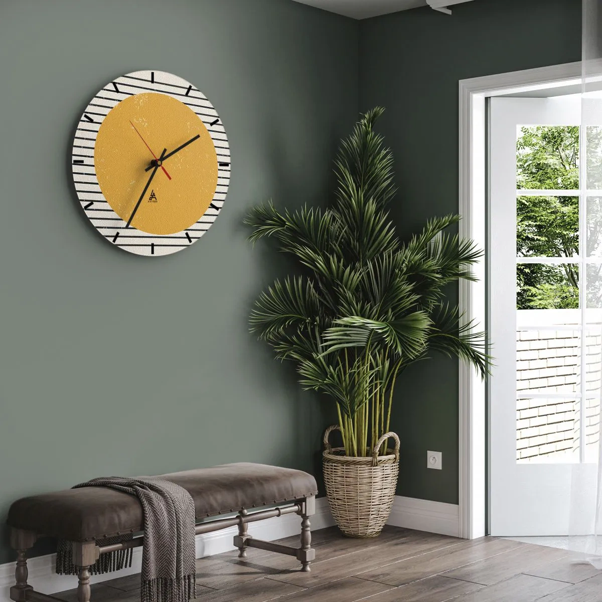 Zegar ścienny - Pomarańczowe koło na tle czarno-białych pasków - 30x30cm - Siła prostoty - Nowoczesna dekoracja ścienna do salonu, kuchni i sypialni ARTTOR