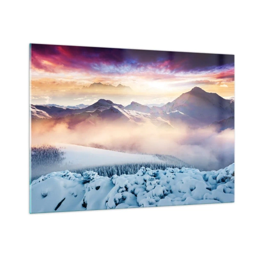 Obraz na szkle - Górski krajobraz zimowy z zachodzącym słońcem i mgłą - 100x70cm - Siła i czystość natury - Nowoczesna dekoracja ścienna do salonu, kuchni i sypialni ARTTOR