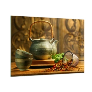 Obraz na szkle - Zestaw ceramiczny do herbaty z ziołami w tle klasycznej dekoracji - 100x70cm - Traktat o piciu herbaty - Nowoczesna dekoracja ścienna do salonu, kuchni i sypialni ARTTOR