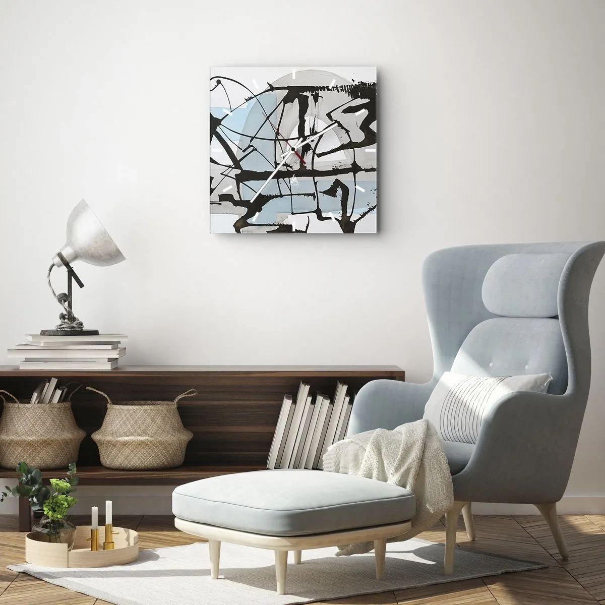 Zegar ścienny - Abstrakcyjne linie i kształty w błękicie i czerni - 30x30cm - Mimo wszystko błękitny - Nowoczesna dekoracja ścienna do salonu i sypialni ARTTOR