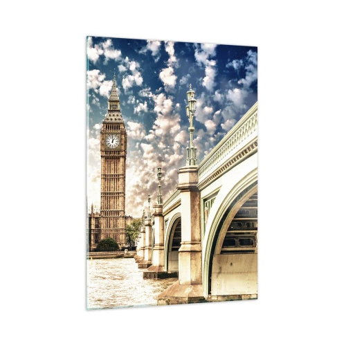 Obraz na szkle - Big Ben i most Westminster w Londynie - 50x70cm - Pierzaste obłoki nad Tamizą - Nowoczesna dekoracja ścienna do salonu, kuchni i sypialni ARTTOR