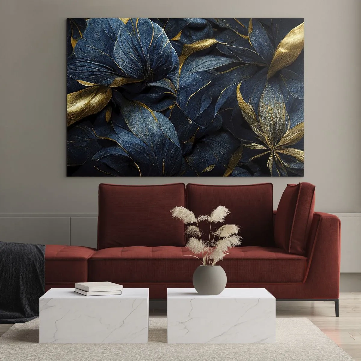 Obraz na szkle - Ciemnoniebieskie liście z subtelnymi złotymi akcentami - 70x50cm - Złotem podszyte - Nowoczesna dekoracja ścienna do salonu i sypialni ARTTOR