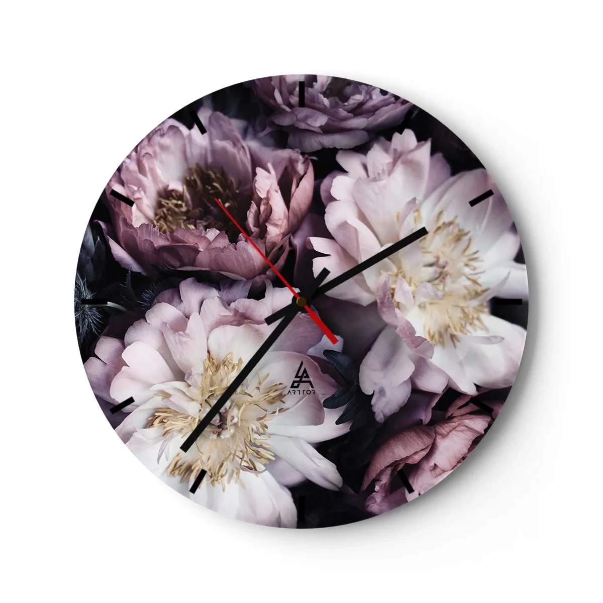 Zegar ścienny - Różowe i kremowe peonie w gęstej, zacienionej kompozycji - 30x30cm - Bukiet w dawnym stylu - Nowoczesna dekoracja ścienna do salonu, kuchni i sypialni ARTTOR