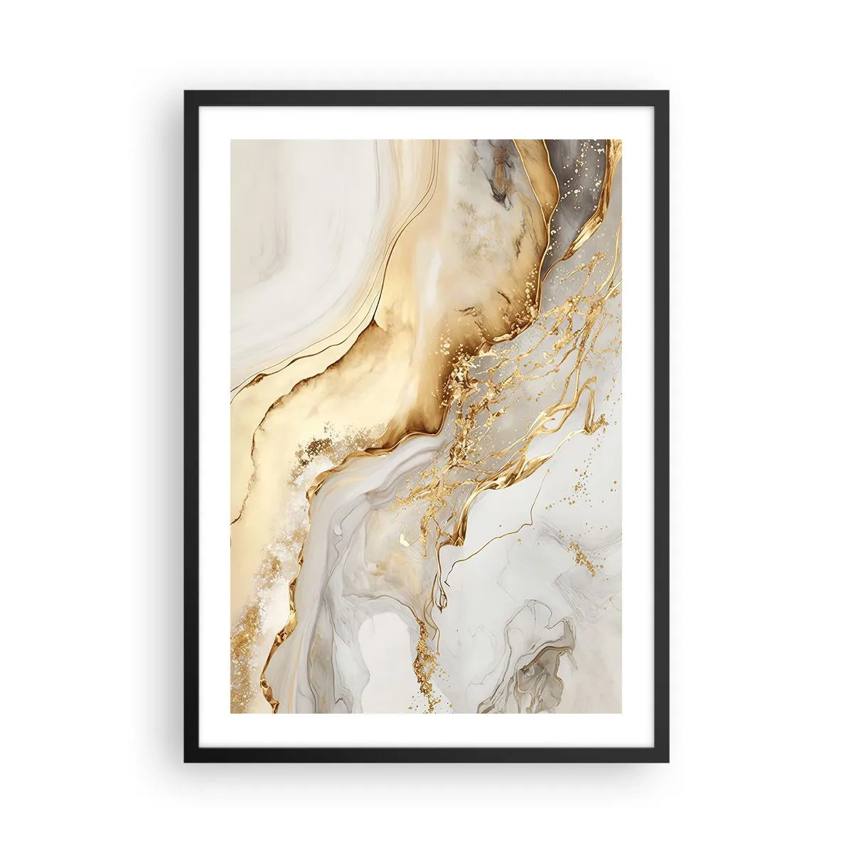 Plakat w czarnej ramie - Abstrakcyjna złoto-biała kompozycja marmurowa - 50x70cm - Abstrakcja: piękno i dobro - Nowoczesna dekoracja ścienna do salonu i sypialni ARTTOR