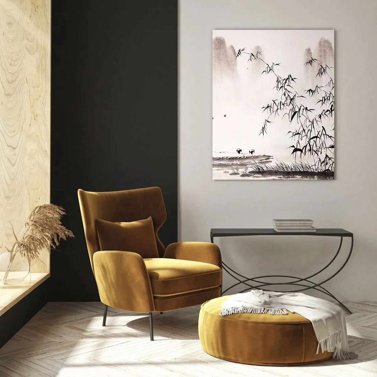 Obraz na szkle - Minimalistyczny pejzaż w stylu orientalnym - 80x120cm - Cisza ryżowych pól - Nowoczesna dekoracja ścienna do salonu i sypialni ARTTOR