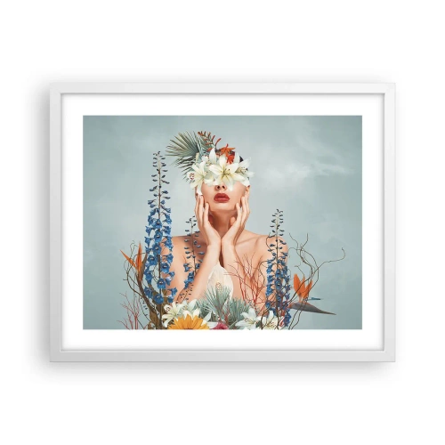 Plakat w białej ramie - Kobieta – kwiat - 50x40 cm